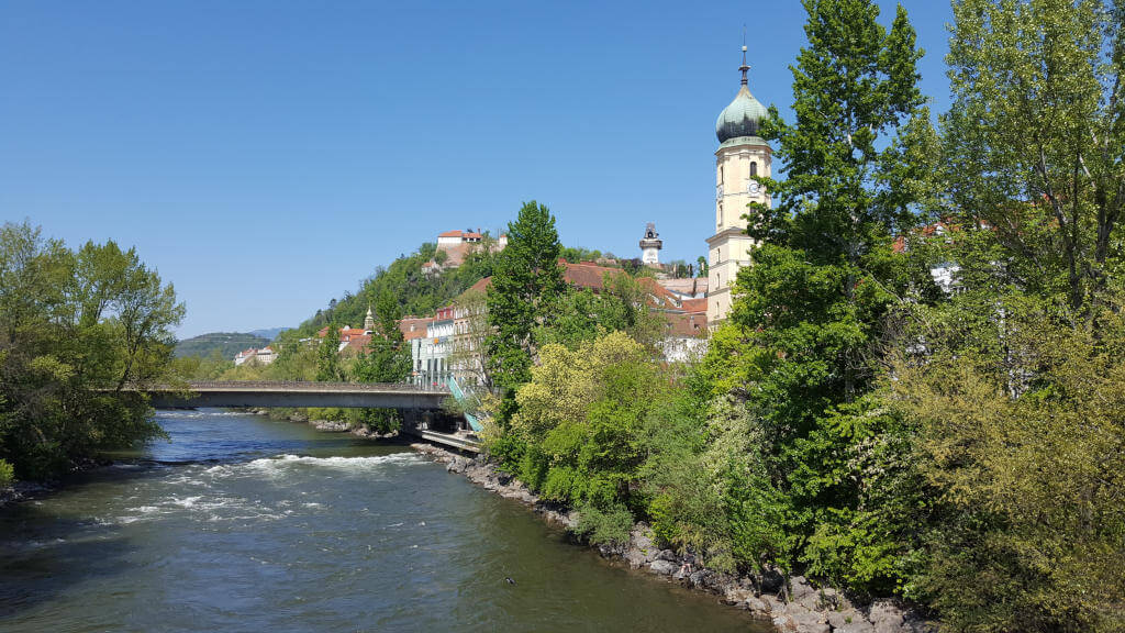 Graz view of Mur river and Schlossberg
