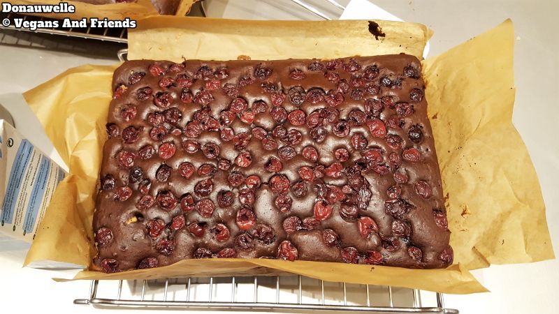 Donauwelle baked layer with cherries. Ready for the next step.
