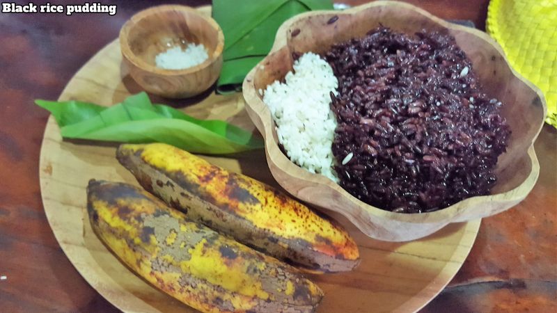 Bali Farm Cooking School. Ingredients for black rice pudding. Black and white rice, palm sugar, salt, bananas and coconut milk.