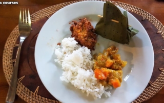 Bali Farm Cooking. Yellow vegetable curry, corn fritters and tum bambu with rice.