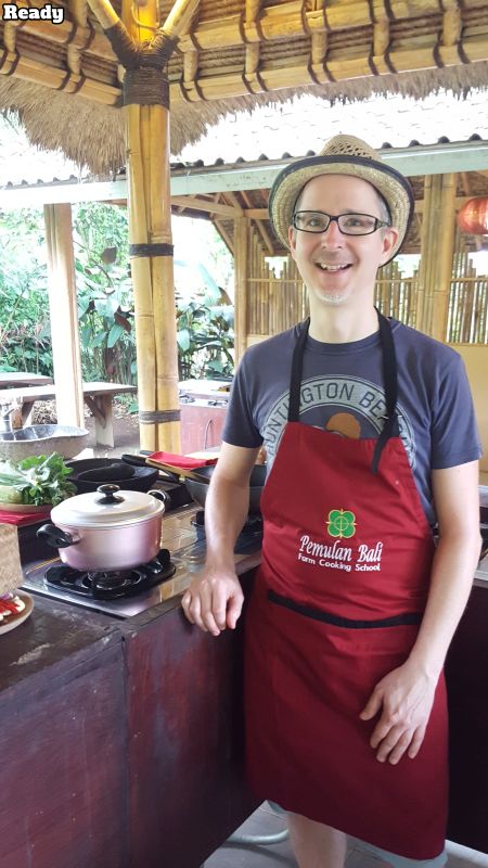 Bali Farm Cooking School. Me in front of the stove.
