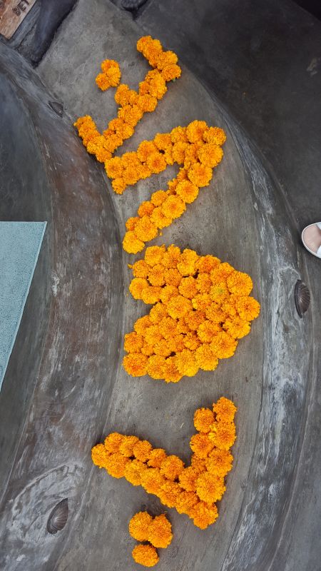 Essen in Ubud. Mudra Café. Orange Blüten auf der Stufe, die das Wort "Love" schreiben.