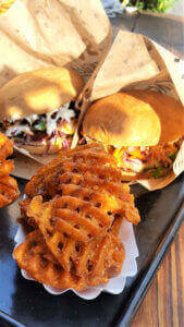 Swing Kitchen Burger with sweet potato grid fries